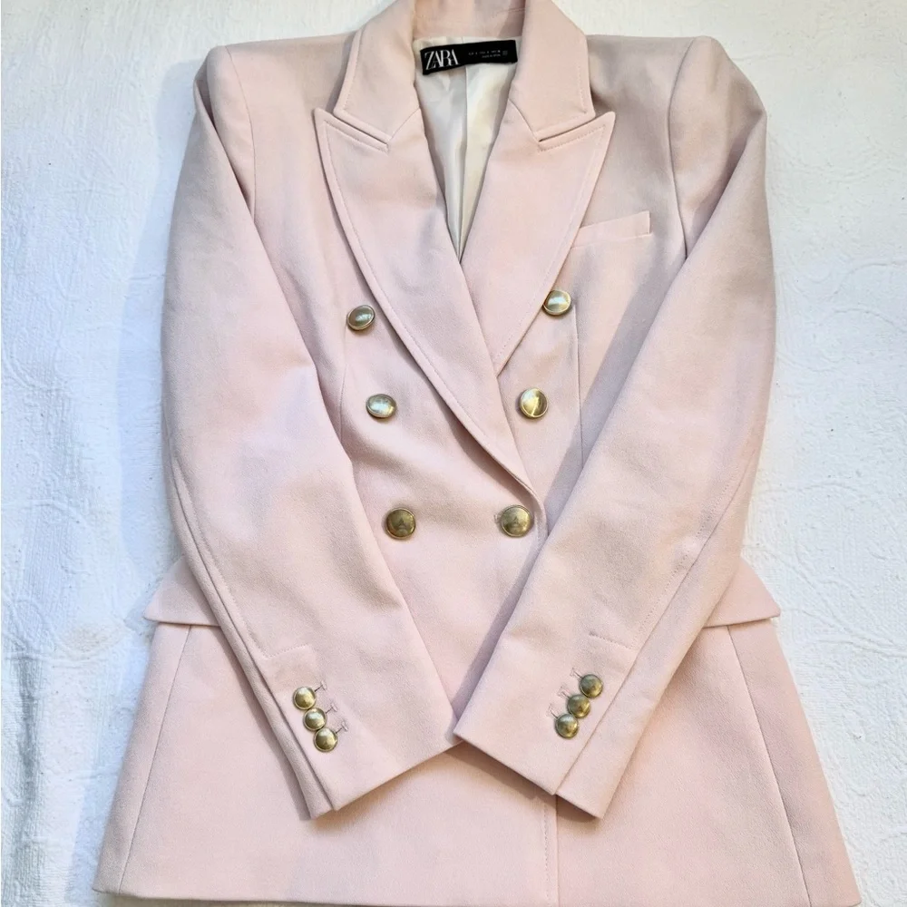 Zara Light Pink Double-Breasted Blazer Small Golden Buttons Tailored Chic - Picture 13 of 17